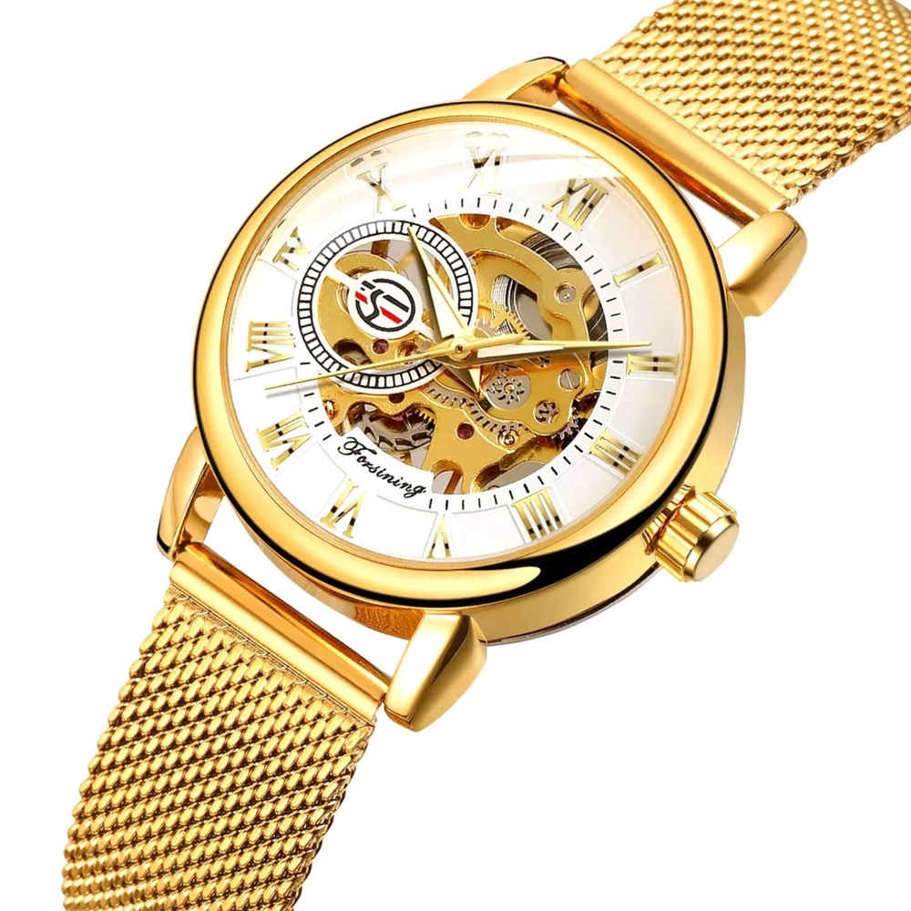 Forsining Womens Automatic Transparent Skeleton Luxury Watch Mesh Band Gift Idea